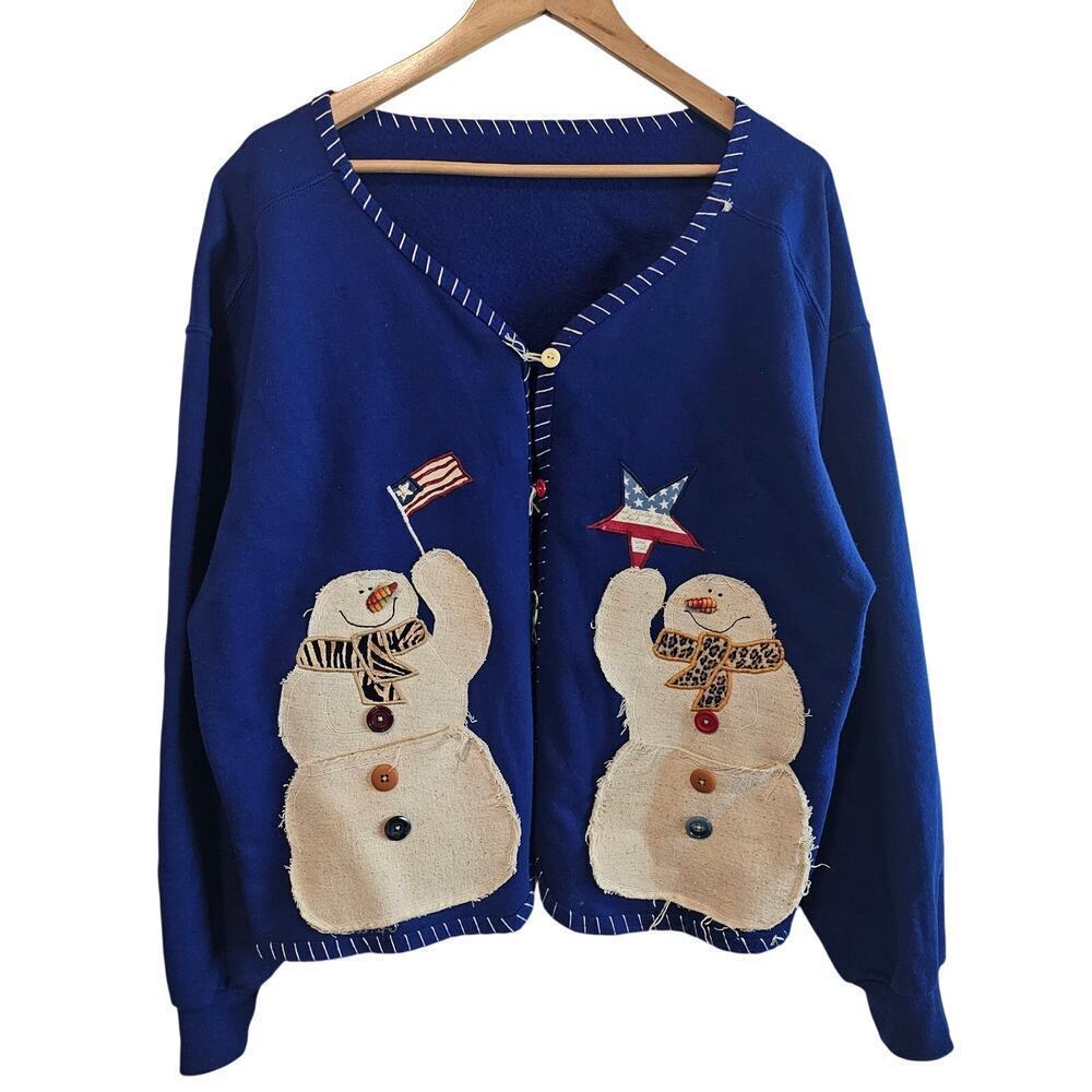 Vintage Christmas Cardigan Womens 2X Embroidered Snowman Cottage Retro Patchwork